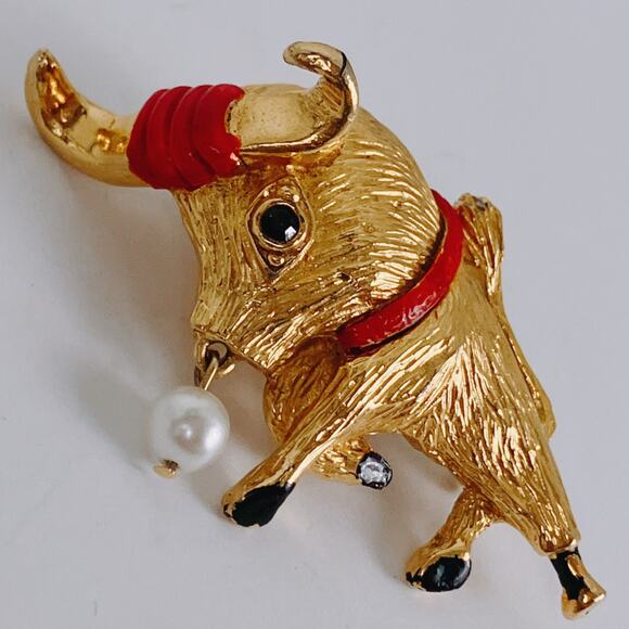 VTG 1960s Gold Tone Enamel Bull Brooch Mid Century Figural Whimsical Collectible - Picture 3 of 13